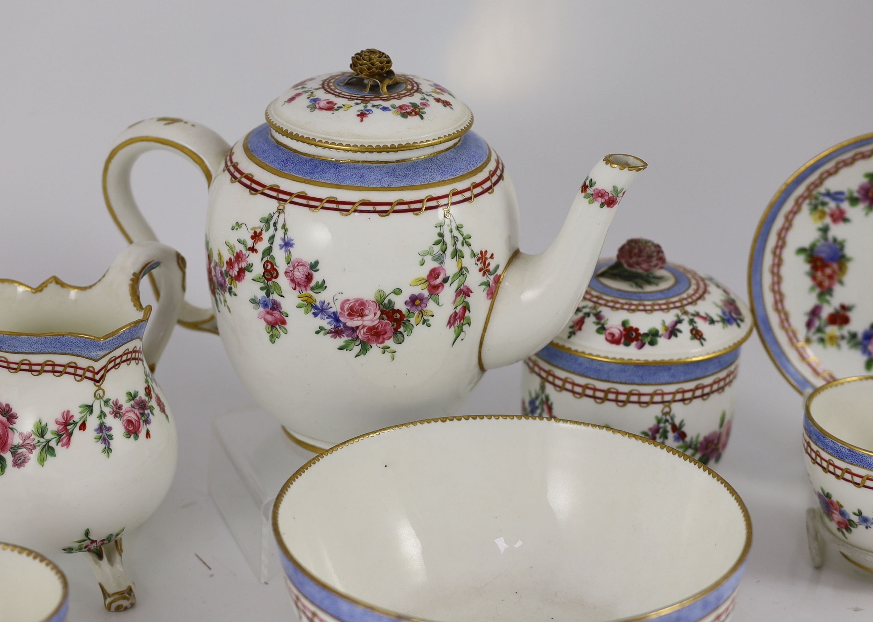 A Sevres porcelain part tea service, c.1772-3, One teacup handle repaired